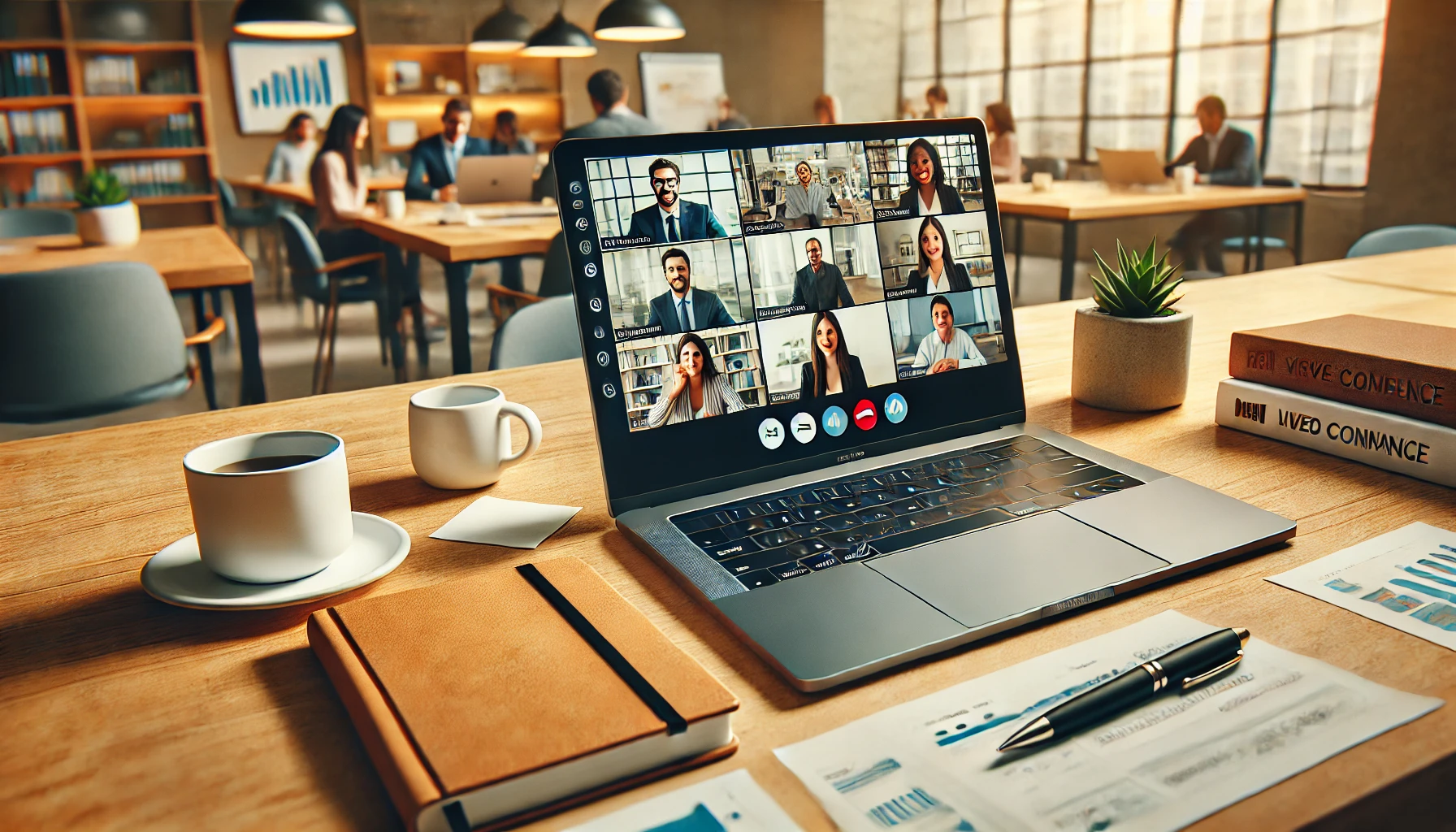 A team engaging in a video conference on a laptop screen, with a neatly organised desk setup including notes and coffee. A team engaging in a video conference on a laptop screen, with a neatly organised desk setup including notes and coffee.
