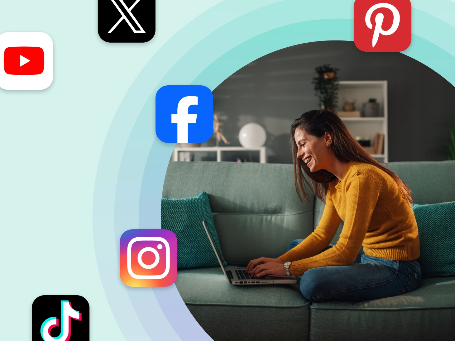 A small business owner promoting an event on a laptop with social media icons visible. A small business owner promoting an event on a laptop with social media icons visible.