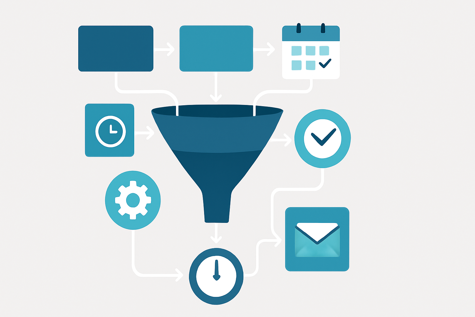 A modern funnel chart illustration representing an automated workflow, with interconnected steps, arrows, and stages, using clean, professional colors like blue, teal, and white, minimalistic design, subtle gradients, soft shadows A modern funnel chart illustration representing an automated workflow, with interconnected steps, arrows, and stages, using clean, professional colors like blue, teal, and white, minimalistic design, subtle gradients, soft shadows