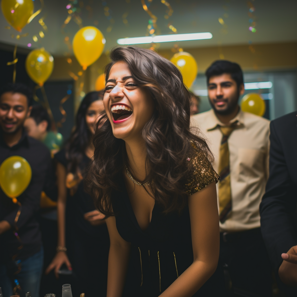 beautiful latin woman smiling at her business shower surrounded by friends