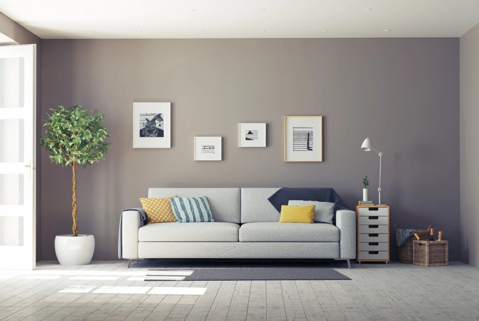 a living room with a couch and a plant