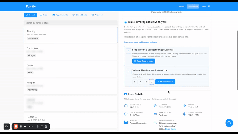 Fundly walkthrough GIF showing how to make a lead exclusive at no additional cost