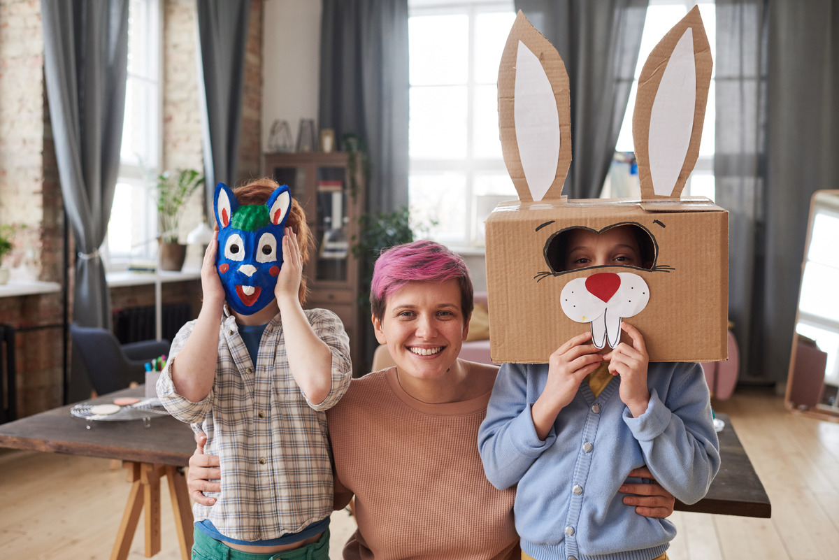 family crafting animal masks for fun summer project