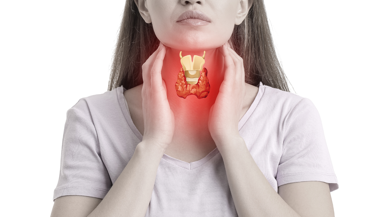 An individual holding their neck with a diagram of an inflamed thyroid. An individual holding their neck with a diagram of an inflamed thyroid.