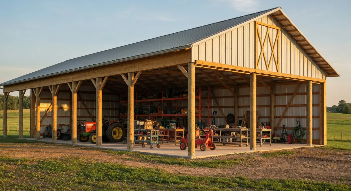 Pole barn structure in rural setting