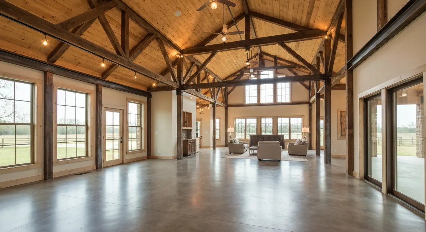 Open-concept barndominium living space