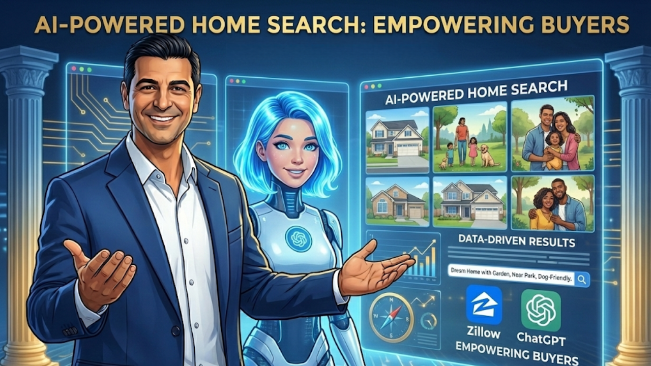 AI-driven real estate search illustration showing homes, data insights, and smart recommendations for buyers using advanced technology.