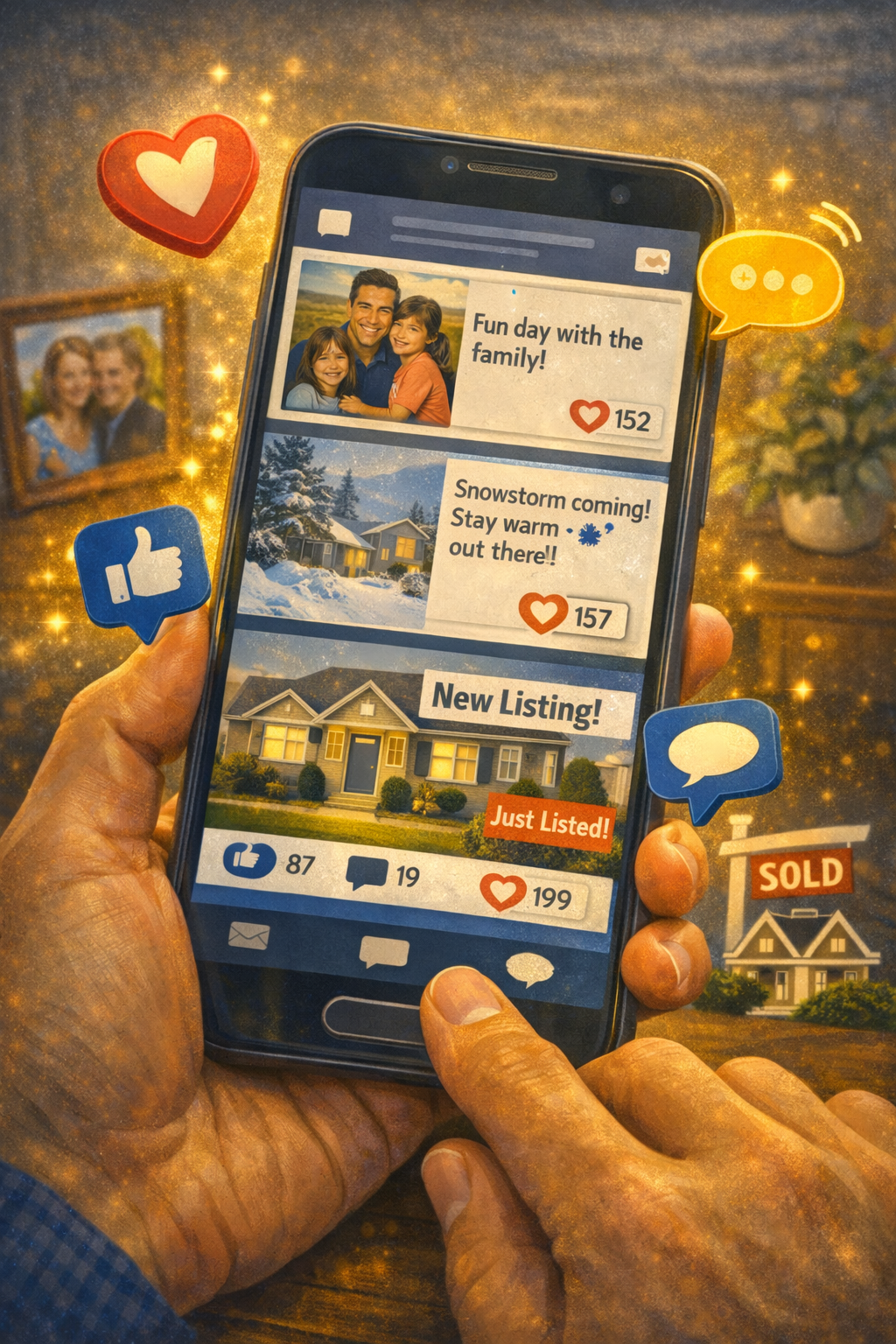 Real estate agent social media feed showing personal posts, weather updates, and a new property listing with engagement icons.