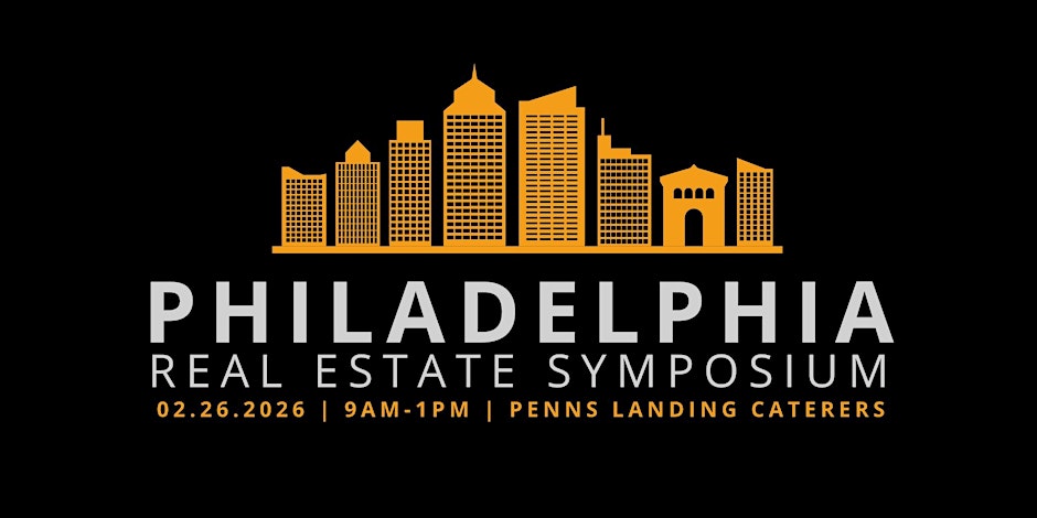 Philadelphia Real Estate Symposium 2026 promotional banner with skyline and event date.