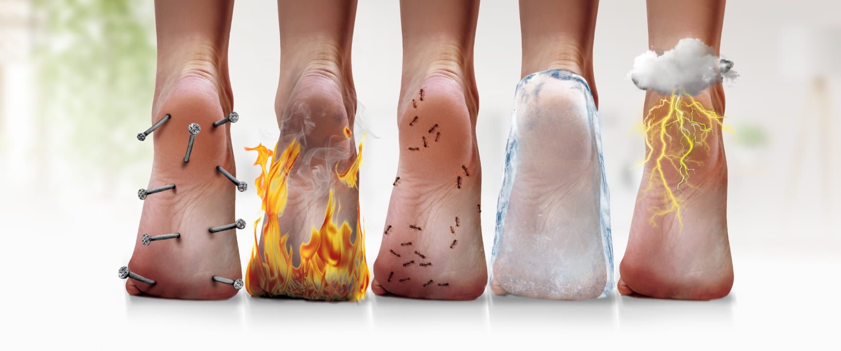 Common foot pain symptoms including burning, sharp pain, tingling, numbness and cramping