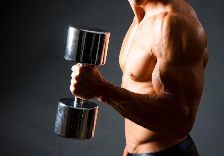 Shirtless man curling a chrome dumbbell, highlighting arm and shoulder development