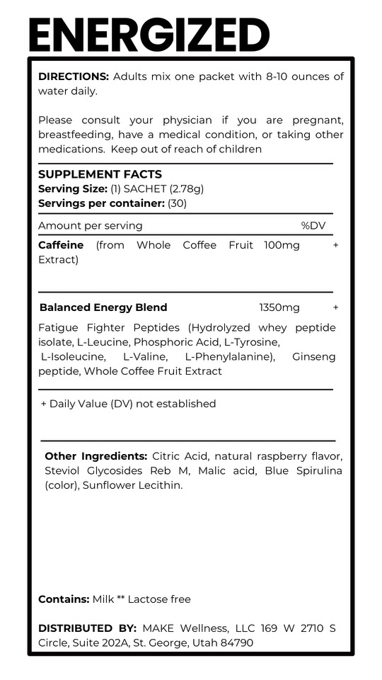 ENERGIZED powers your day with clean, natural energy. Infused with Bioactive Precision Peptides™ and a unique blend of natural ingredients. This drink delivers a delicious raspberry flavor without added sugar or artificial additives. Providing a steady, no-crash boost for lasting vitality.