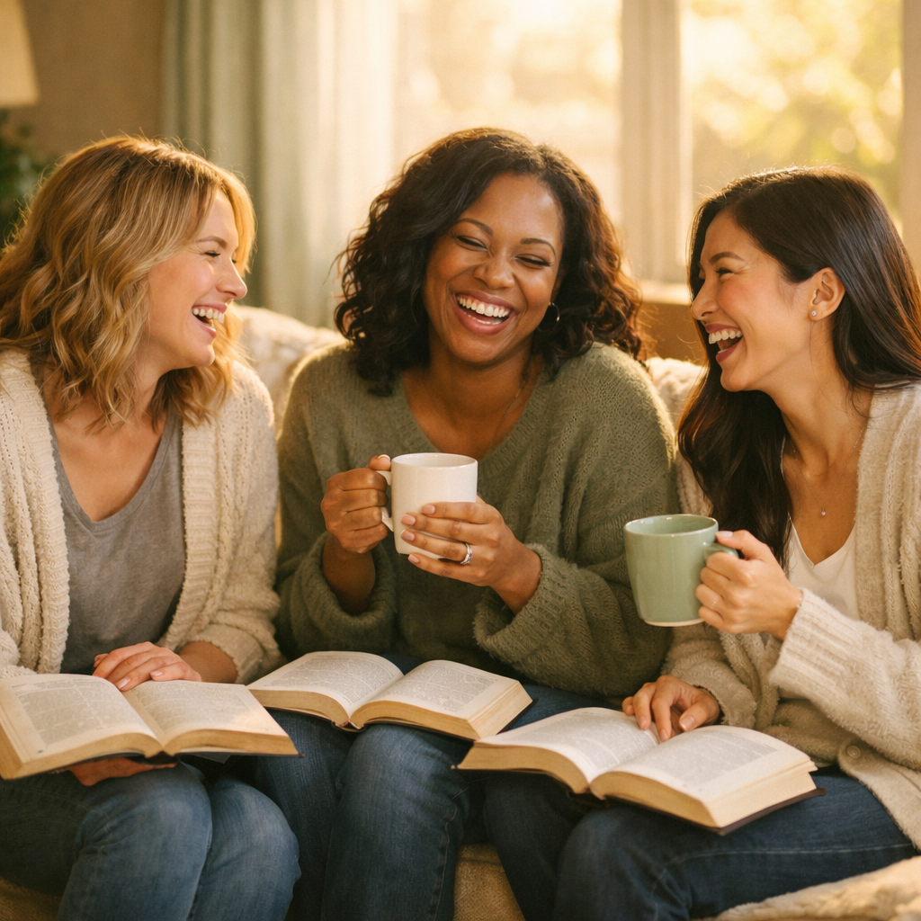 Women laughing together over coffee and Bibles