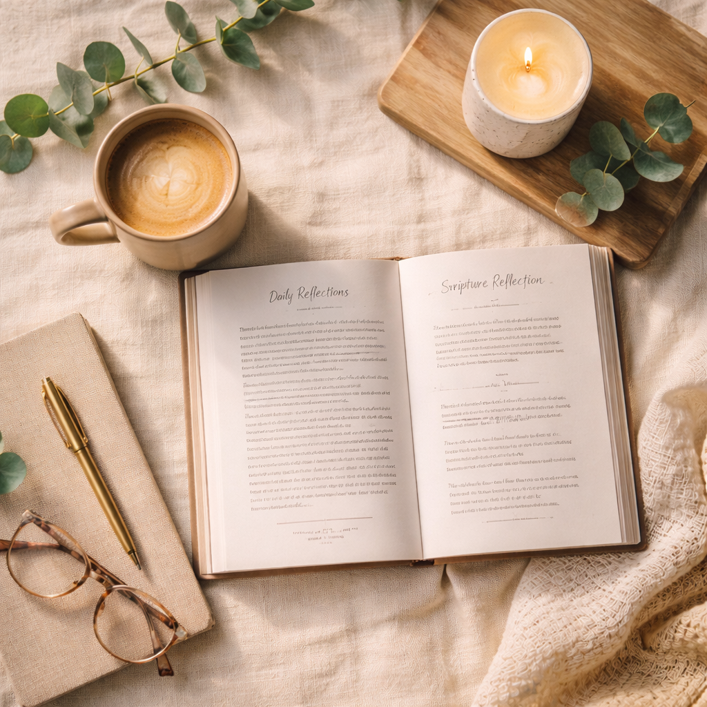 An open devotional beside a coffee cup and journal