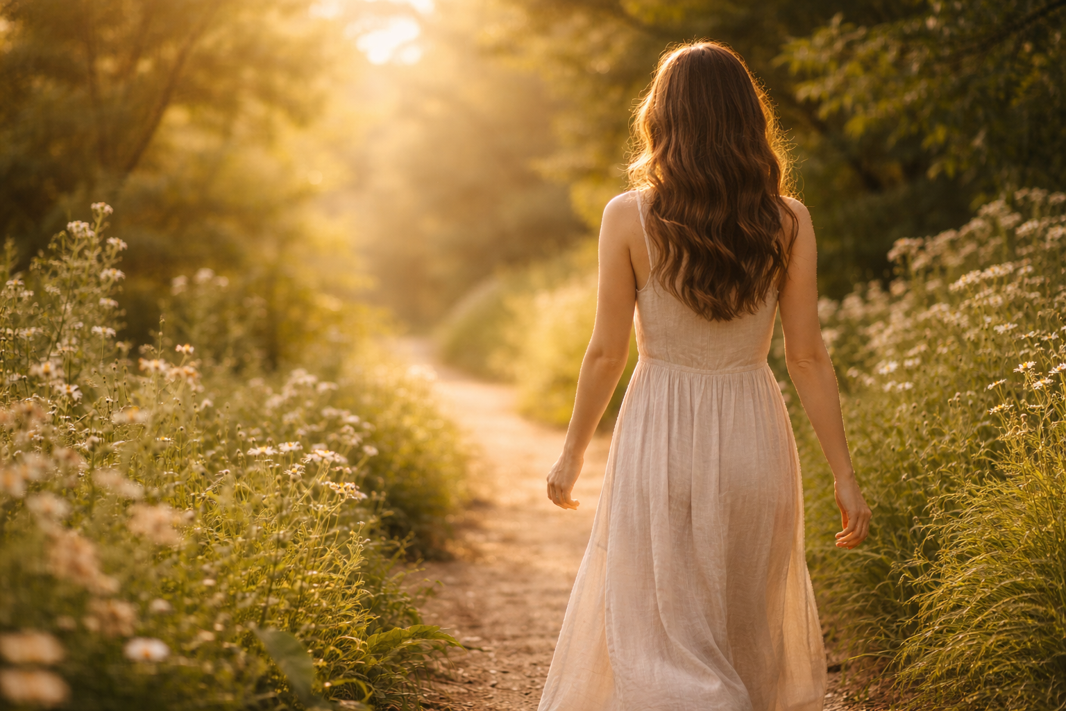 A woman walking confidently along a sunlit garden path
