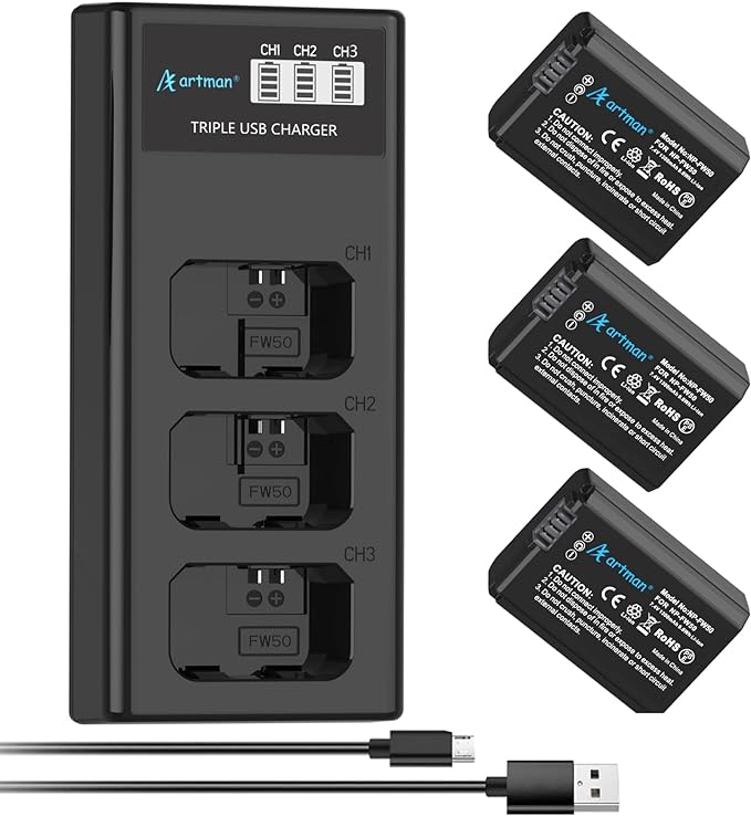 Artman 3-Pack NP-FW50 Battery and Upgraded 3-Slot LCD Charger