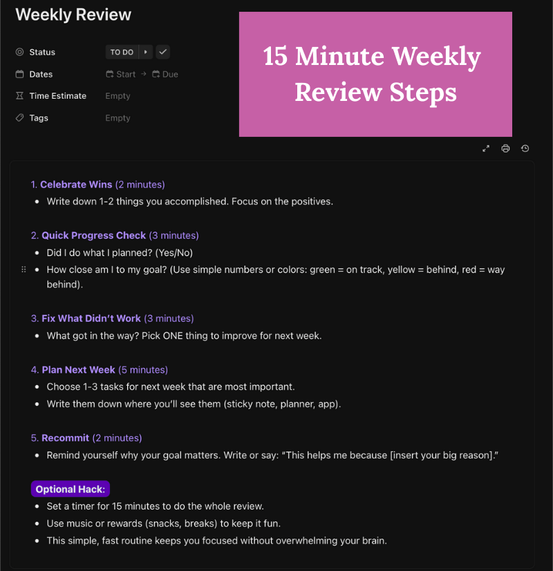 ClickUp screenshot showing a five-step weekly business review checklist for part-time entrepreneurs ClickUp screenshot showing a five-step weekly business review checklist for part-time entrepreneurs