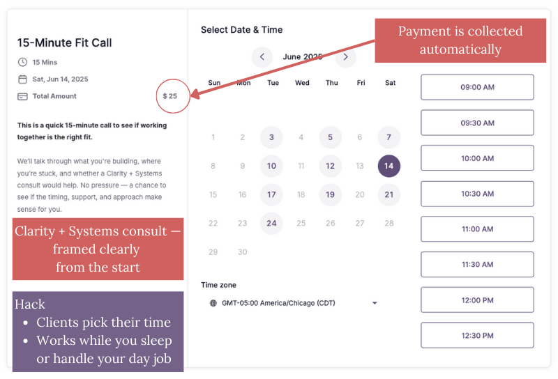 Annotated screenshot of an automated client booking and payment system using GoHighLevel for business owners with limited time Annotated screenshot of an automated client booking and payment system using GoHighLevel for business owners with limited time