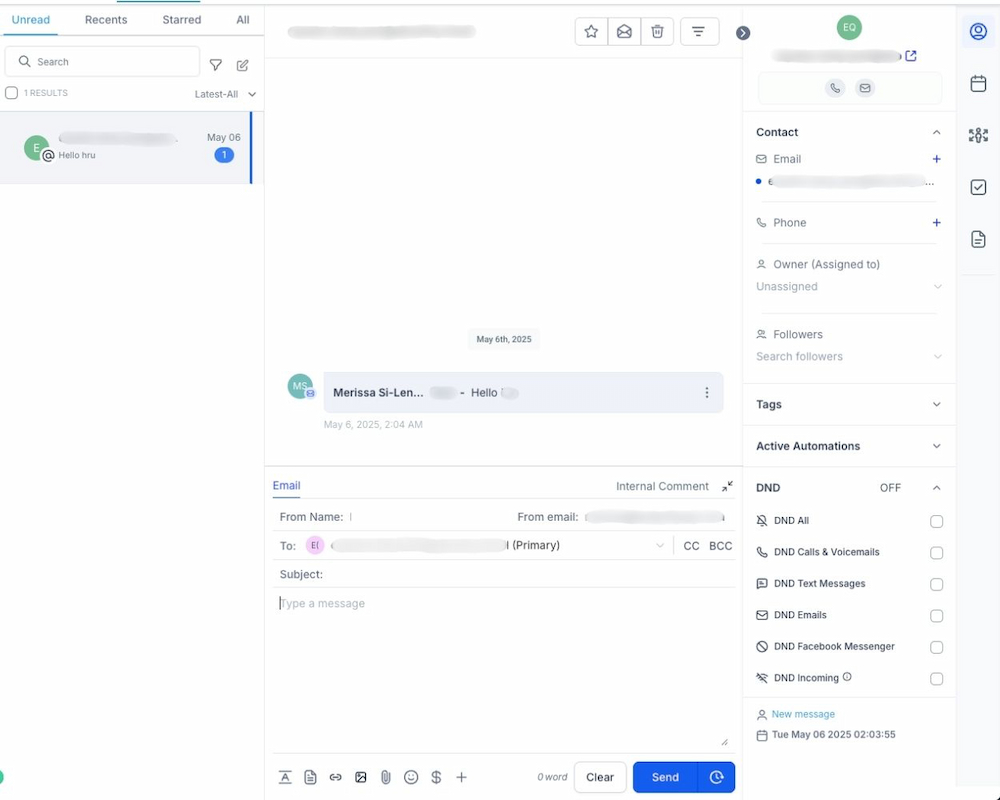 Blurred screenshot of GoHighLevel’s unified inbox showing email and client conversation interface. Blurred screenshot of GoHighLevel’s unified inbox showing email and client conversation interface.
