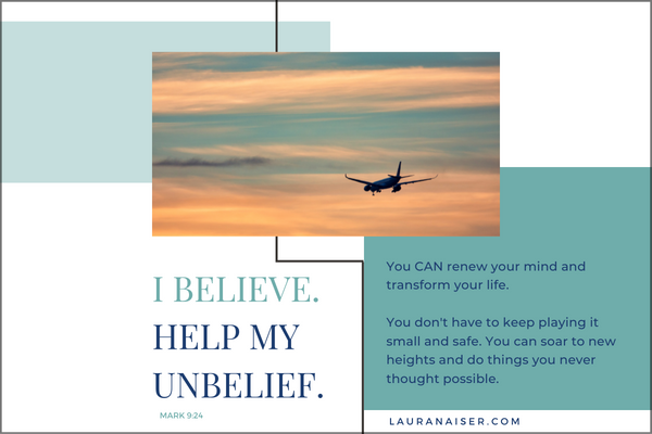 I believe. Help my unbelief. Mark 9:24 Photo of airplane flying in sunset.