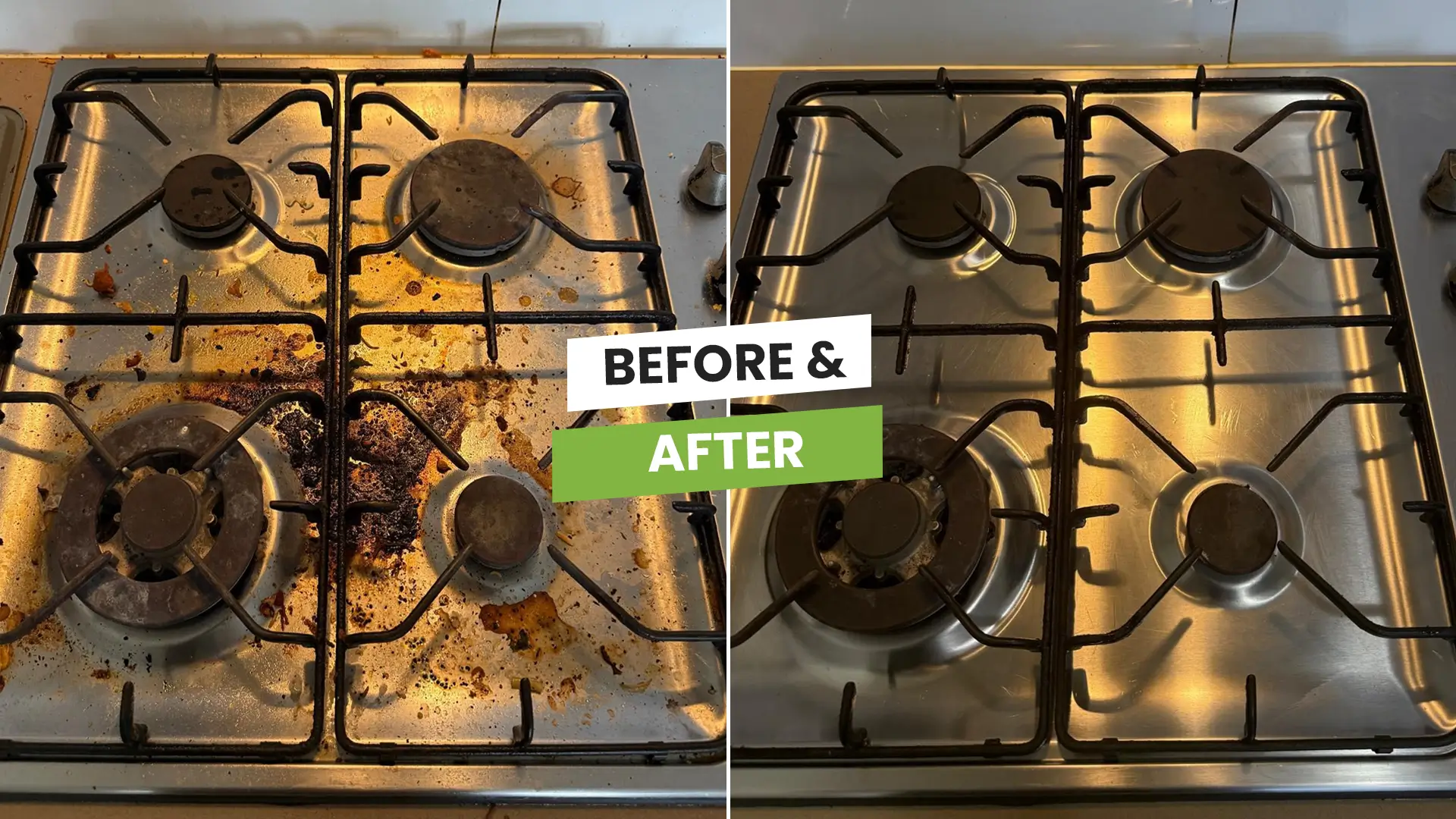 Before-and-after photo of a cleaned oven and benchtop Before-and-after photo of a cleaned oven and benchtop