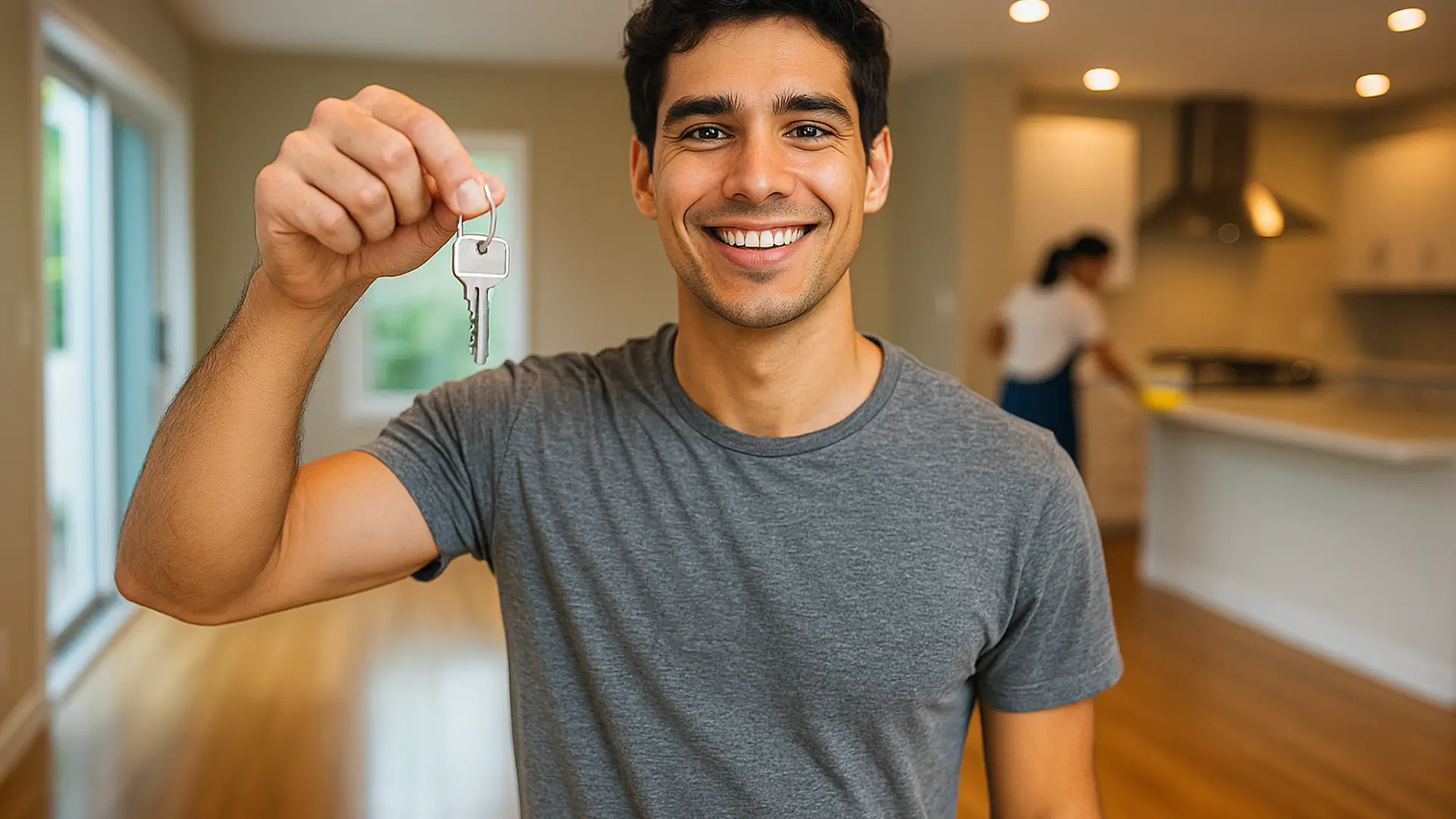 Happy tenant holding keys after passing end of lease cleaning inspection Happy tenant holding keys after passing end of lease cleaning inspection