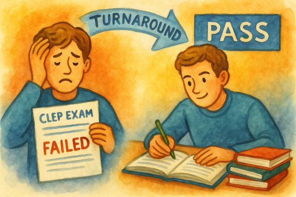 Watercolor-style illustration showing a student overcoming a failed CLEP exam and turning it into success, symbolizing mindset growth and strategic learning. Watercolor-style illustration showing a student overcoming a failed CLEP exam and turning it into success, symbolizing mindset growth and strategic learning.