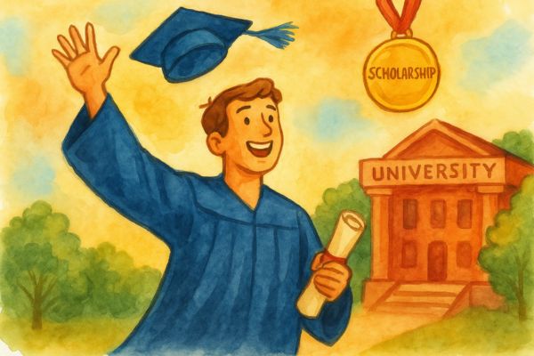 Watercolor illustration of a joyful student in a graduation cap and gown tossing his hat in front of a university, symbolizing early college graduation and scholarship success through CLEP credits. Watercolor illustration of a joyful student in a graduation cap and gown tossing his hat in front of a university, symbolizing early college graduation and scholarship success through CLEP credits.