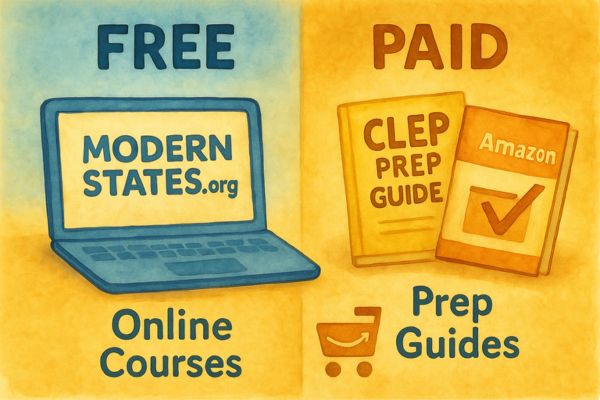 Watercolor illustration comparing free CLEP prep through ModernStates.org with paid study guides from Amazon, representing flexible options to prepare for CLEP exams. Watercolor illustration comparing free CLEP prep through ModernStates.org with paid study guides from Amazon, representing flexible options to prepare for CLEP exams.