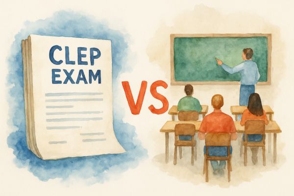 Watercolor illustration comparing a CLEP exam sheet to a traditional college classroom. Represents how CLEP offers a faster, flexible alternative to earning college credit. Watercolor illustration comparing a CLEP exam sheet to a traditional college classroom. Represents how CLEP offers a faster, flexible alternative to earning college credit.