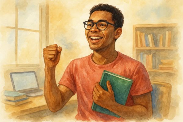Watercolor illustration of a joyful student confidently walking forward with a CLEP book in hand, symbolizing clarity, urgency, and ownership gained by turning fear into progress.