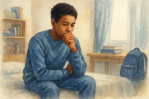 Watercolor painting of a thoughtful student sitting alone, reflecting on their fears before taking a big step—symbolizing how fear can signal growth and purpose.