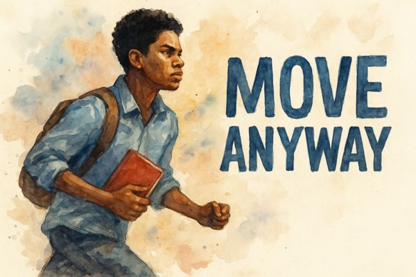 Watercolor illustration of a confident student in motion with bold lettering that reads "MOVE ANYWAY," representing how fear can fuel progress in CLEP, career, and life decisions.