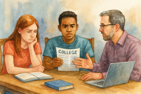 Watercolor illustration of diverse students and a parent sitting with college planning materials, symbolizing how waiting for the “right time” delays CLEP progress and decision-making. Watercolor illustration of diverse students and a parent sitting with college planning materials, symbolizing how waiting for the “right time” delays CLEP progress and decision-making.