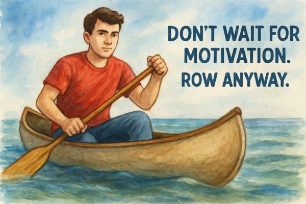 Watercolor illustration of a young man launching a small boat with a paddle, symbolizing the blog’s message that movement—not motivation—is what drives real academic progress and CLEP success. Watercolor illustration of a young man launching a small boat with a paddle, symbolizing the blog’s message that movement—not motivation—is what drives real academic progress and CLEP success.
