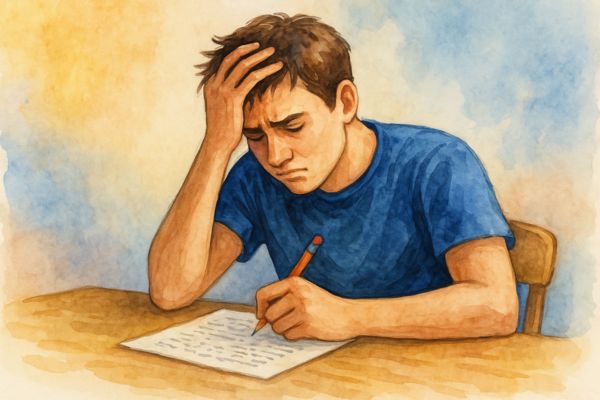 A watercolor illustration shows a diverse high school student sitting at a desk with test materials, looking reflective but hopeful. In the background, a progress bar and graduation cap suggest improvement and long-term success. This visual supports the blog’s message that academic setbacks—like low SAT or ACT scores—are not failures but stepping stones toward scholarship opportunities and growth. A watercolor illustration shows a diverse high school student sitting at a desk with test materials, looking reflective but hopeful. In the background, a progress bar and graduation cap suggest improvement and long-term success. This visual supports the blog’s message that academic setbacks—like low SAT or ACT scores—are not failures but stepping stones toward scholarship opportunities and growth.