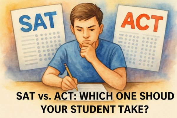 A watercolor-style illustration of a thoughtful high school student sitting at a desk surrounded by books, a pencil, and two standardized test forms labeled SAT and ACT. The student appears to be weighing options, representing the decision-making process about how many times to take college entrance exams. A watercolor-style illustration of a thoughtful high school student sitting at a desk surrounded by books, a pencil, and two standardized test forms labeled SAT and ACT. The student appears to be weighing options, representing the decision-making process about how many times to take college entrance exams.