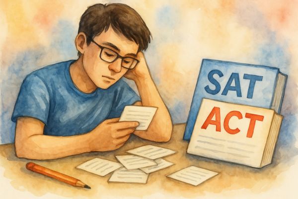 A watercolor-style illustration of a thoughtful high school student sitting at a desk surrounded by books, a pencil, and two standardized test forms labeled SAT and ACT. The student appears to be weighing options, representing the decision-making process about how many times to take college entrance exams. A watercolor-style illustration of a thoughtful high school student sitting at a desk surrounded by books, a pencil, and two standardized test forms labeled SAT and ACT. The student appears to be weighing options, representing the decision-making process about how many times to take college entrance exams.
