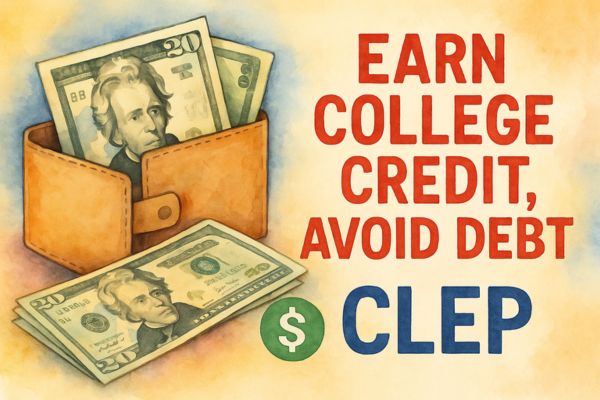 An open wallet with $20 bills and bold text promoting CLEP as a way to earn college credit and avoid student loan debt. An open wallet with $20 bills and bold text promoting CLEP as a way to earn college credit and avoid student loan debt.