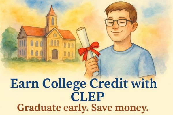 A smiling high school student proudly holds a diploma in front of a college building, representing early graduation through CLEP credit. A smiling high school student proudly holds a diploma in front of a college building, representing early graduation through CLEP credit.