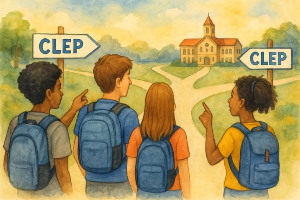 Watercolor illustration of four diverse high school students with backpacks standing at a fork in the road, each path marked “CLEP,” leading toward a college campus in the distance—symbolizing CLEP as a strategic, flexible pathway to higher education. Watercolor illustration of four diverse high school students with backpacks standing at a fork in the road, each path marked “CLEP,” leading toward a college campus in the distance—symbolizing CLEP as a strategic, flexible pathway to higher education.