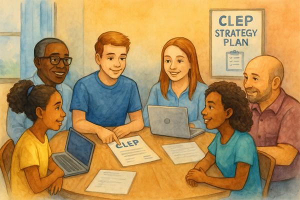 Watercolor-style illustration of a diverse group of students and parents gathered around a table with laptops and CLEP strategy plans. Represents collaborative planning, CLEPCoach.com’s support system, and inclusive college credit guidance. Watercolor-style illustration of a diverse group of students and parents gathered around a table with laptops and CLEP strategy plans. Represents collaborative planning, CLEPCoach.com’s support system, and inclusive college credit guidance.