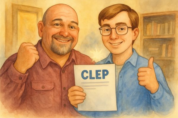 Watercolor illustration of a smiling father and son proudly holding a CLEP exam paper, celebrating their success. The image represents perseverance, family support, and the payoff of a smart CLEP strategy. Watercolor illustration of a smiling father and son proudly holding a CLEP exam paper, celebrating their success. The image represents perseverance, family support, and the payoff of a smart CLEP strategy.