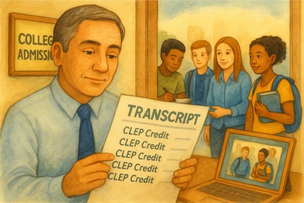 A college admissions officer reviews a transcript listing CLEP credits while diverse high school students, including a homeschooled teen, prepare for college—highlighting how CLEP strengthens transcripts and supports early college readiness. A college admissions officer reviews a transcript listing CLEP credits while diverse high school students, including a homeschooled teen, prepare for college—highlighting how CLEP strengthens transcripts and supports early college readiness.