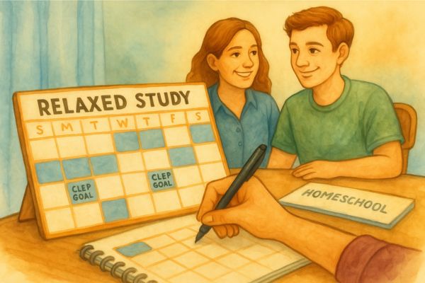 A homeschool parent and teen smile while reviewing a relaxed study calendar marked with CLEP test goals, representing flexible college prep and time freedom through CLEP exams in a homeschool setting. A homeschool parent and teen smile while reviewing a relaxed study calendar marked with CLEP test goals, representing flexible college prep and time freedom through CLEP exams in a homeschool setting.