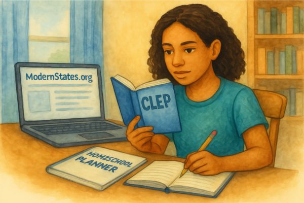 A focused homeschool student studying with a CLEP exam prep guide at home, using ModernStates.org for free CLEP resources. A homeschool planner sits nearby, emphasizing independent learning and flexible college prep for high schoolers. A focused homeschool student studying with a CLEP exam prep guide at home, using ModernStates.org for free CLEP resources. A homeschool planner sits nearby, emphasizing independent learning and flexible college prep for high schoolers.