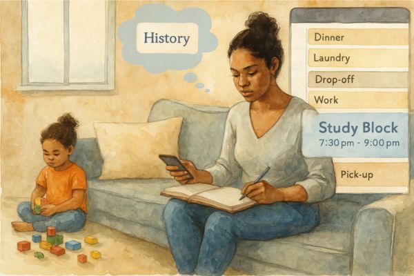 Busy parent studying for CLEP while child plays nearby. Study schedule visible alongside real-life tasks like dinner and laundry. Highlights flexible CLEP prep, CLEP for parents, and college credit for working adults. Busy parent studying for CLEP while child plays nearby. Study schedule visible alongside real-life tasks like dinner and laundry. Highlights flexible CLEP prep, CLEP for parents, and college credit for working adults.