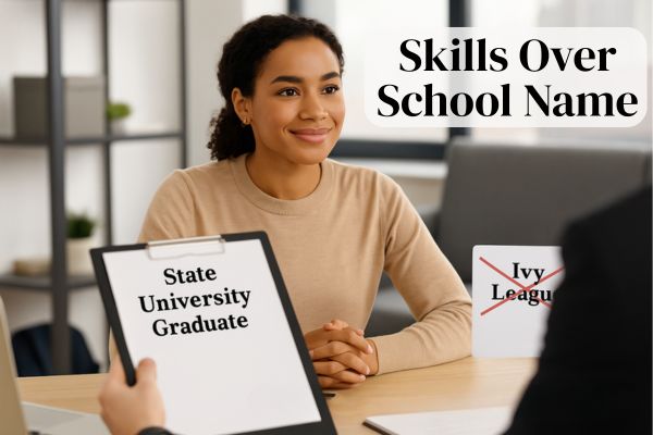 Young adult in job interview showing that college skills and reliability matter more than school name. High school college prep for job readiness and debt-free graduation. Young adult in job interview showing that college skills and reliability matter more than school name. High school college prep for job readiness and debt-free graduation.