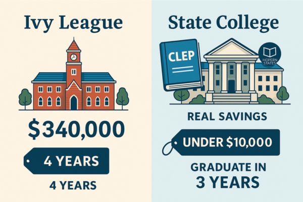 Side-by-side comparison of Ivy League vs. State University with CLEP plan to save money on college tuition. College planning for high school and homeschool families. Side-by-side comparison of Ivy League vs. State University with CLEP plan to save money on college tuition. College planning for high school and homeschool families.