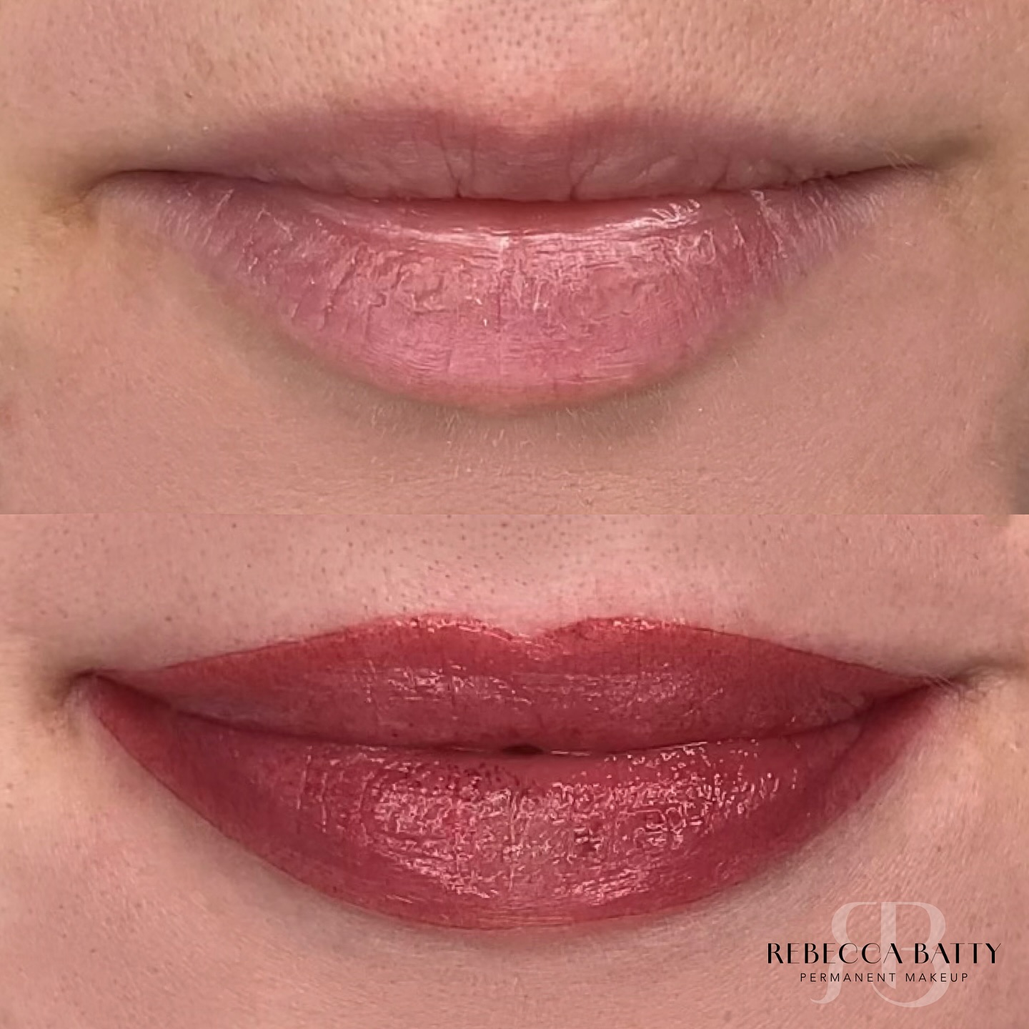 Before and after image of lip blushing treatment, displaying enhanced lip colour and definition with a natural, rosy finish by Rebecca Batty Permanent Makeup.